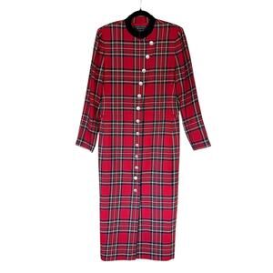 Vintage Red Tartan Plaid Shirt Dress Size 10 Velvet Collar Maxi Gold Buttons